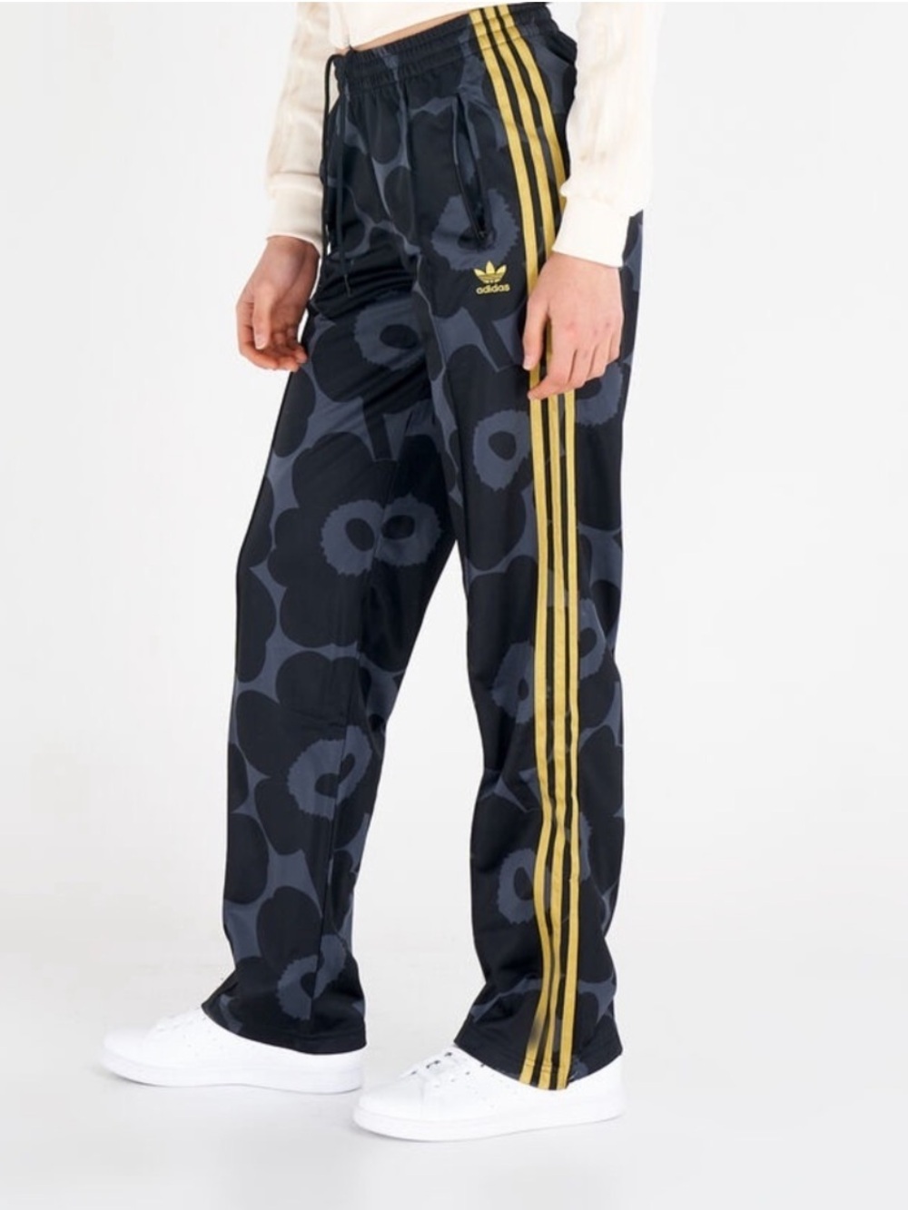 adidas x Marimekko Black Floral Track Pants Gold 3-Stripes Size M